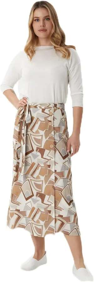 G-Line Guzella Button-Front Belted Midi Skirt with Geometric Shapes Summer Skirt