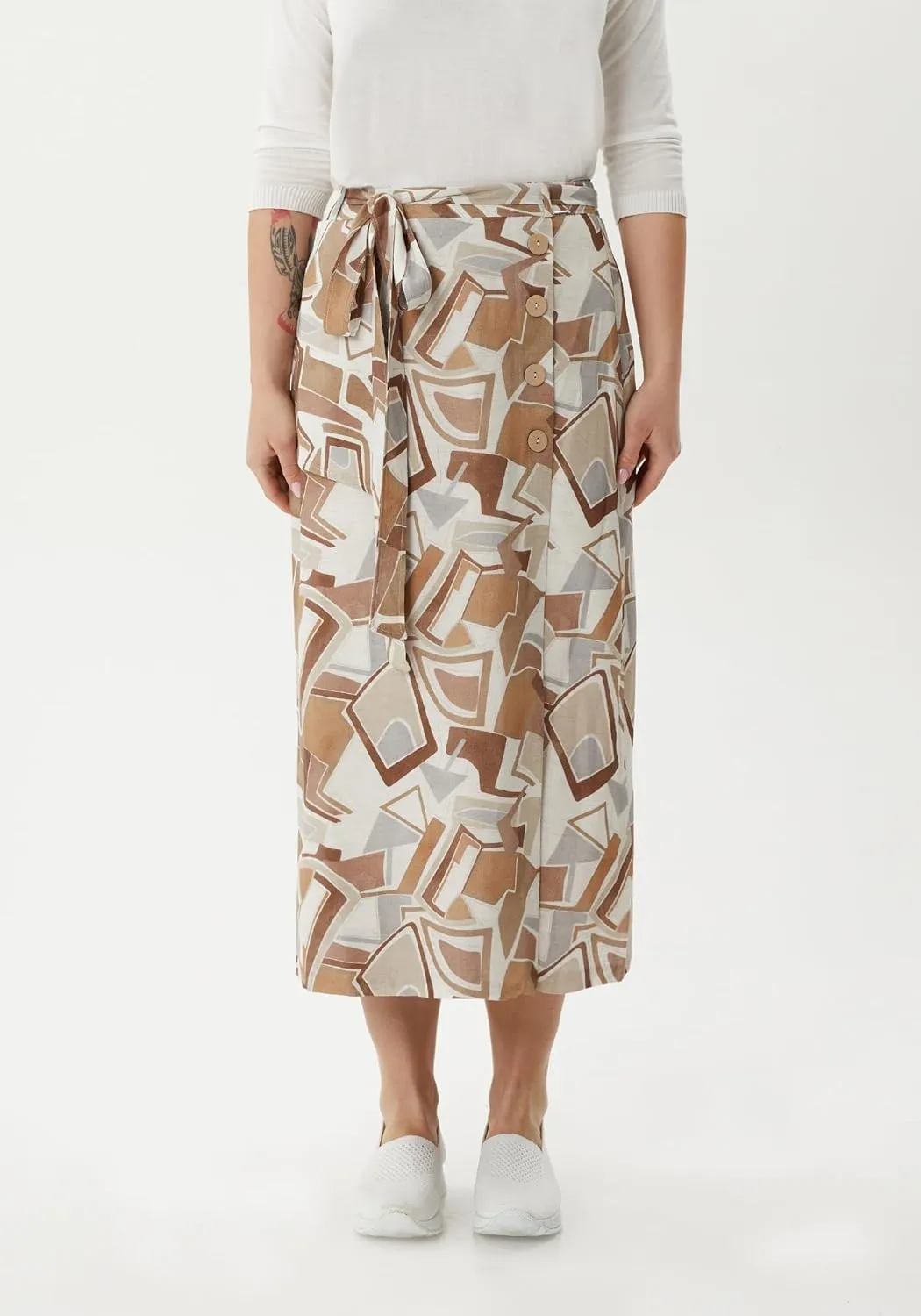 G-Line Guzella Button-Front Belted Midi Skirt with Geometric Shapes Summer Skirt
