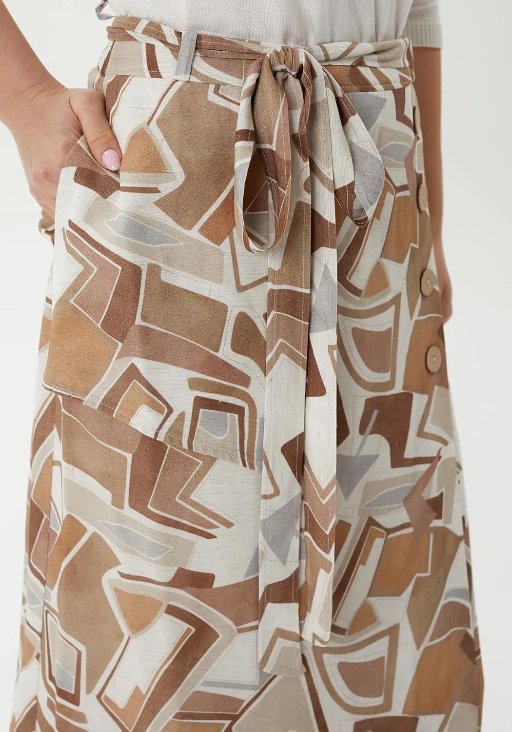 G-Line Guzella Button-Front Belted Midi Skirt with Geometric Shapes Summer Skirt