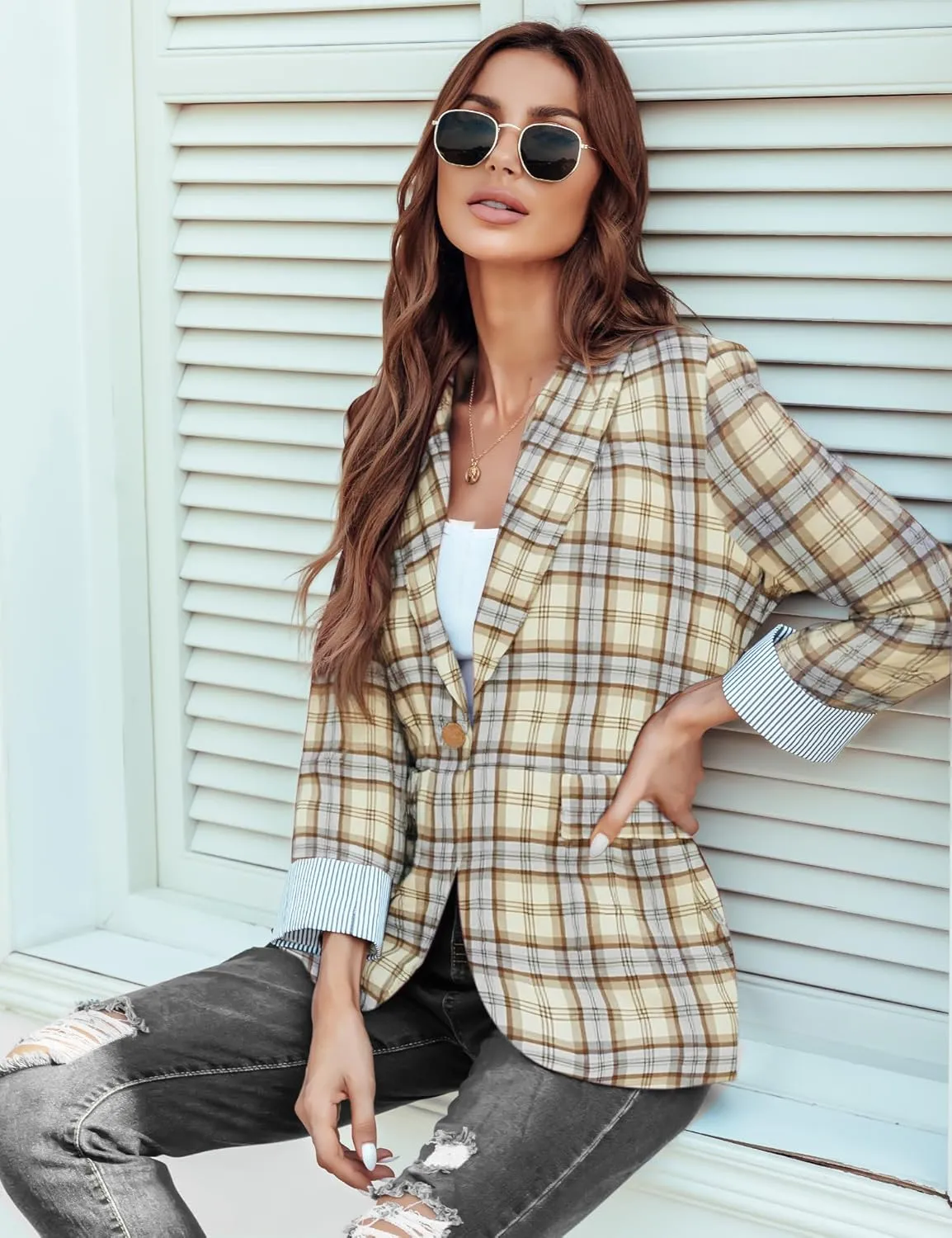 Genhoo Blazer Jackets for Women Open Front Long Sleeve Work Office Casual Blazers with Pockets S-2XL