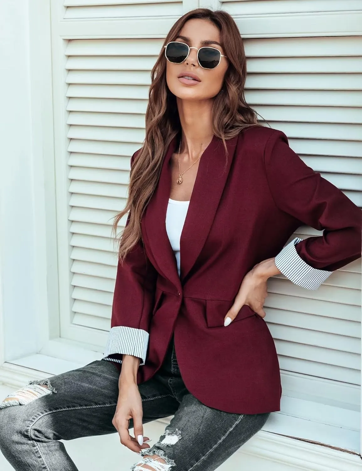 Genhoo Blazer Jackets for Women Open Front Long Sleeve Work Office Casual Blazers with Pockets S-2XL