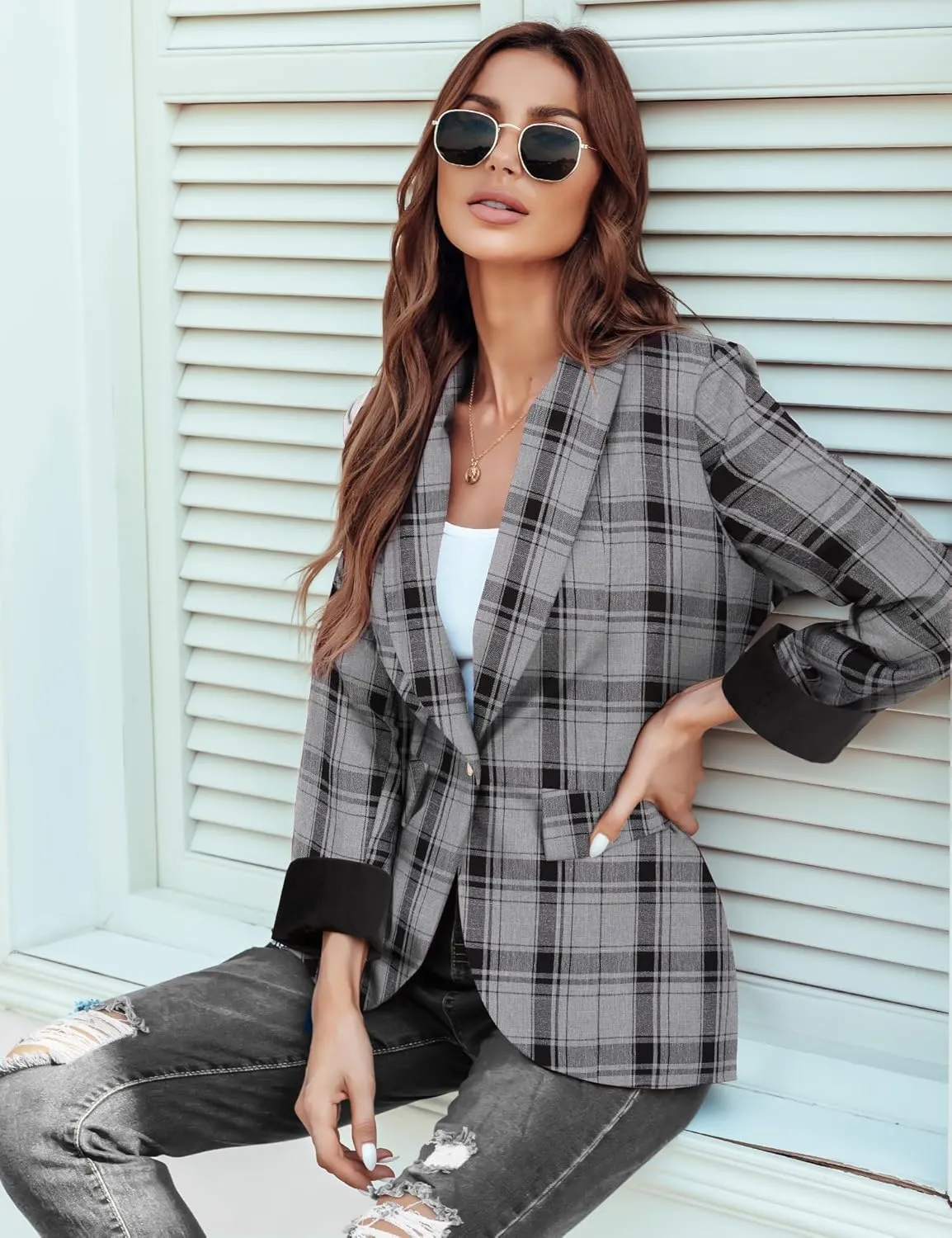 Genhoo Blazer Jackets for Women with Pockets Open Front Long Sleeve Casual Work Office Blazers