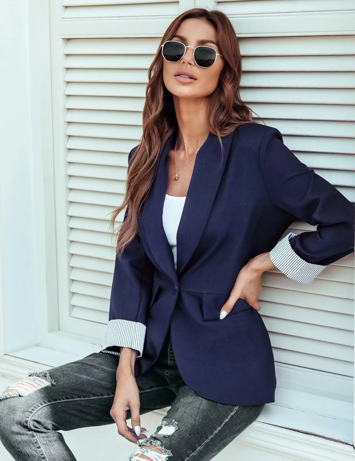 Genhoo Blazer Jackets for Women with Pockets Open Front Long Sleeve Casual Work Office Blazers