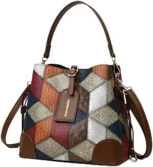 Geometric Patchwork Hobo Handbag, Multi-Color Leather Shoulder Bag with Brown Trim, Crossbody Strap