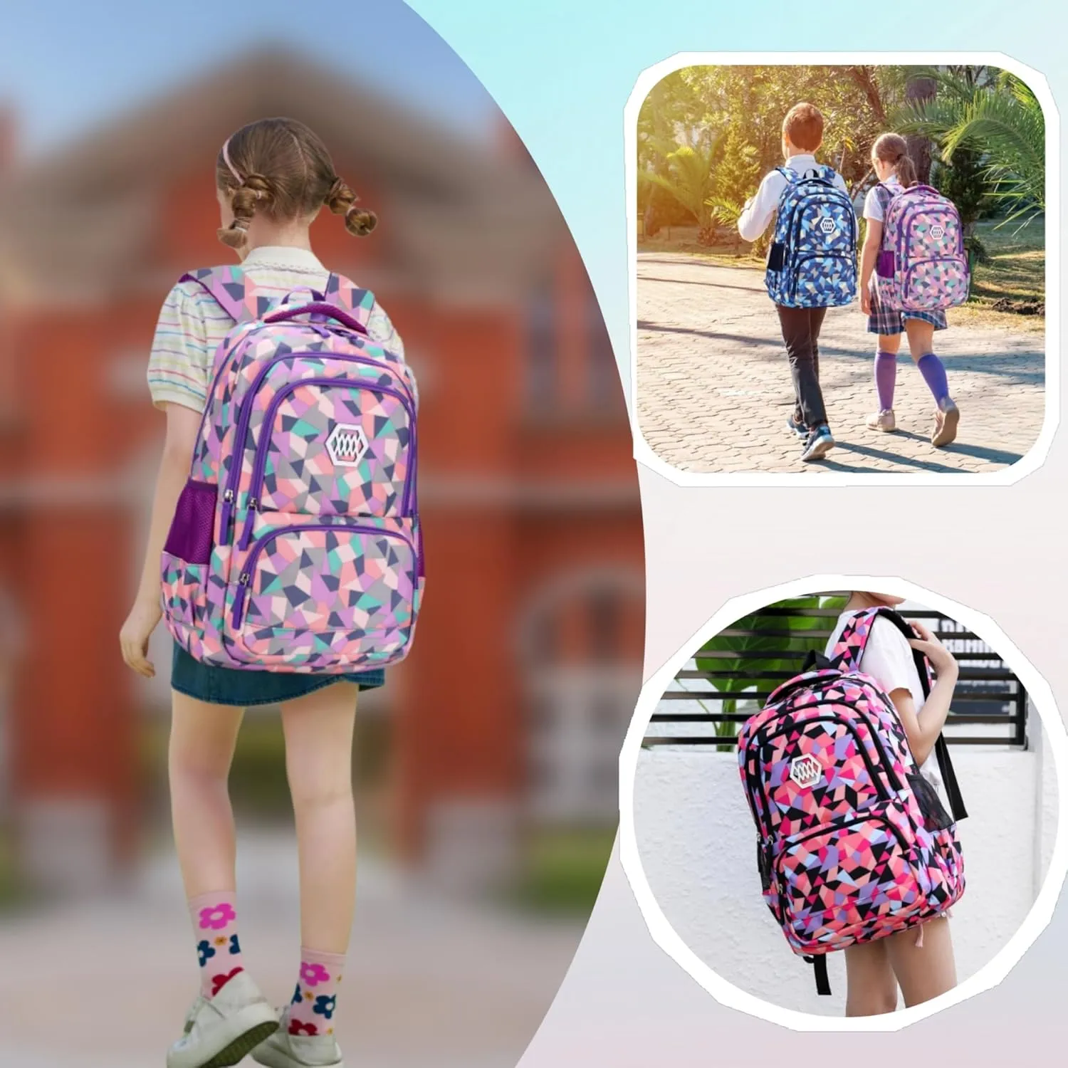 Geometric-Print Backpack for Girls Middle-School Elementary Bookbags