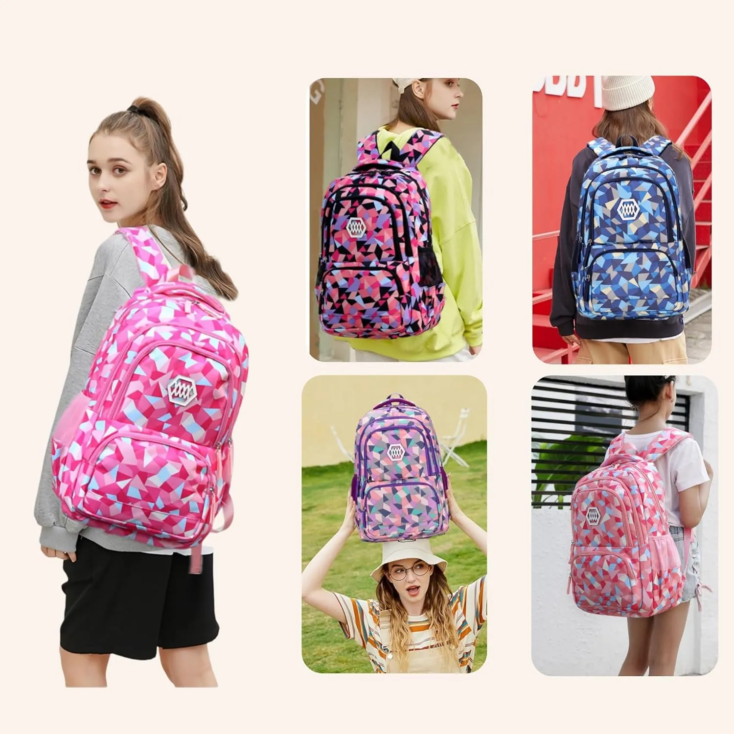 Geometric-Print Backpack for Girls Middle-School Elementary Bookbags
