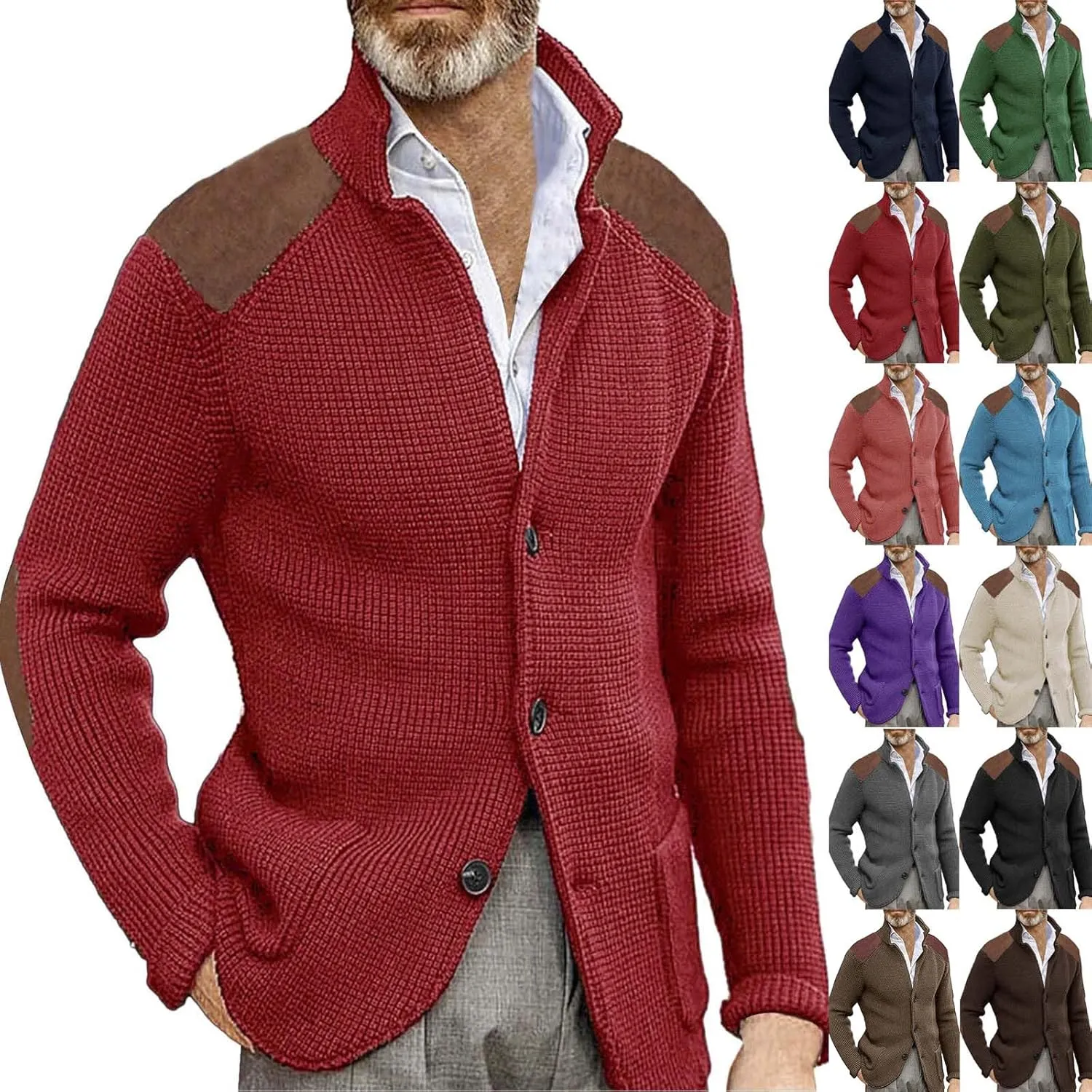GOKKILRW Mens Cardigan Sweater Shawl Collar Button Down Elbow Patch Cable Knit Winter Chunky Warm Sweaters with Pockets