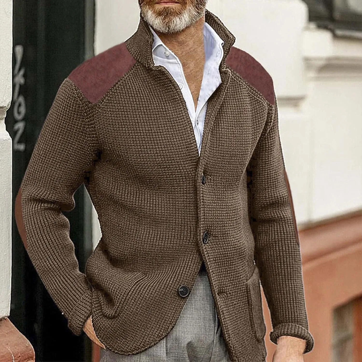 GOKKILRW Mens Cardigan Sweater Shawl Collar Button Down Elbow Patch Cable Knit Winter Chunky Warm Sweaters with Pockets