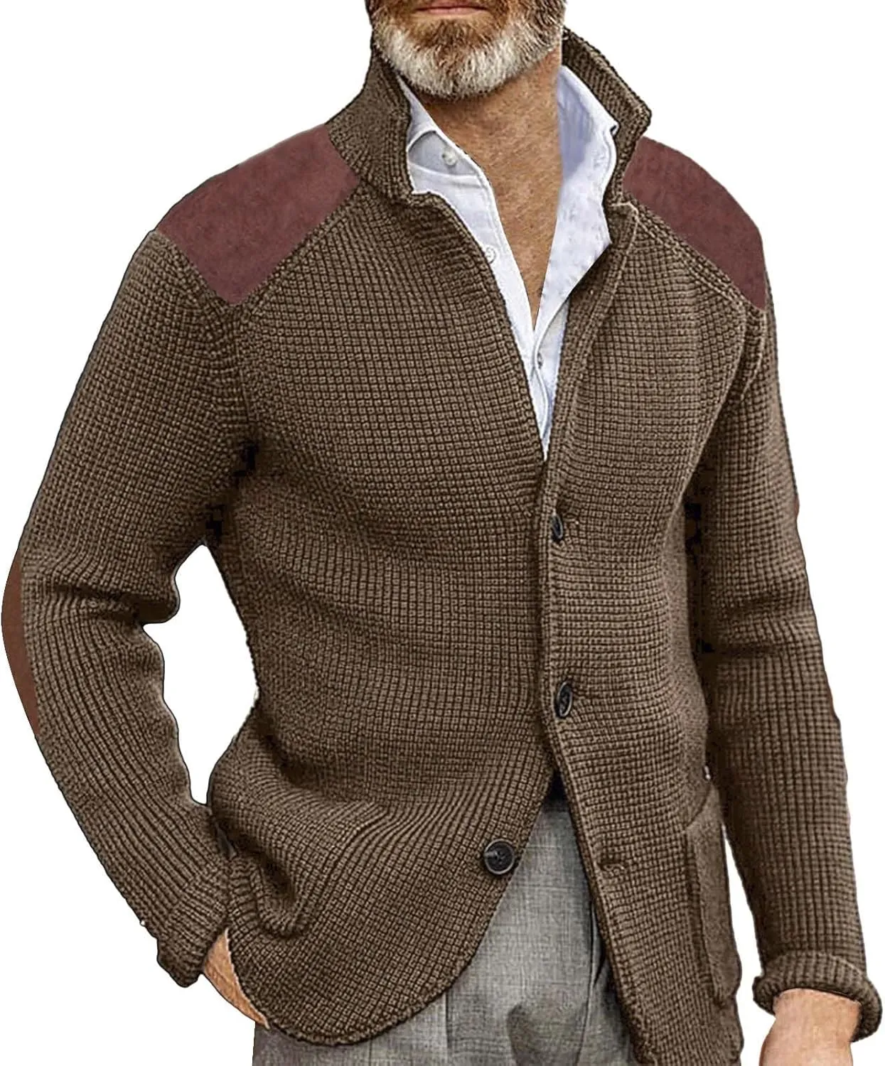 GOKKILRW Mens Cardigan Sweater Shawl Collar Button Down Elbow Patch Cable Knit Winter Chunky Warm Sweaters with Pockets