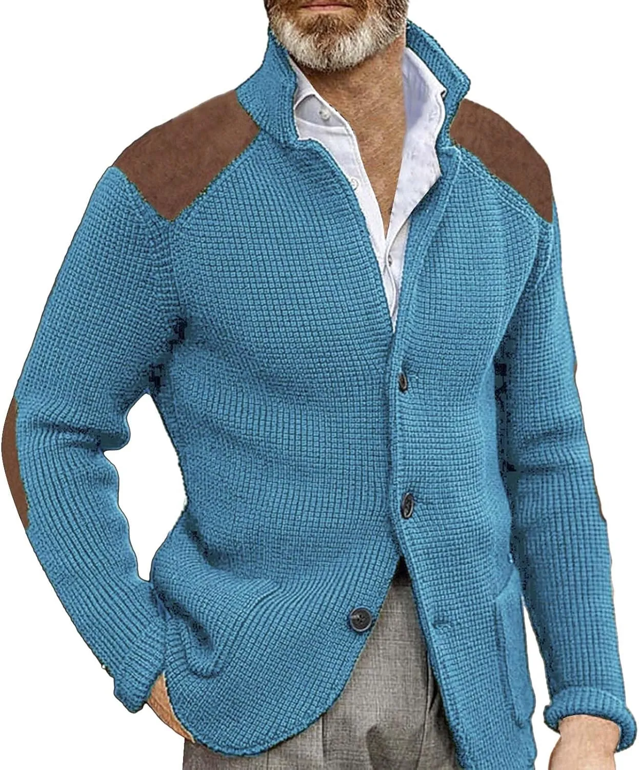 GOKKILRW Mens Cardigan Sweater Shawl Collar Button Down Elbow Patch Cable Knit Winter Chunky Warm Sweaters with Pockets