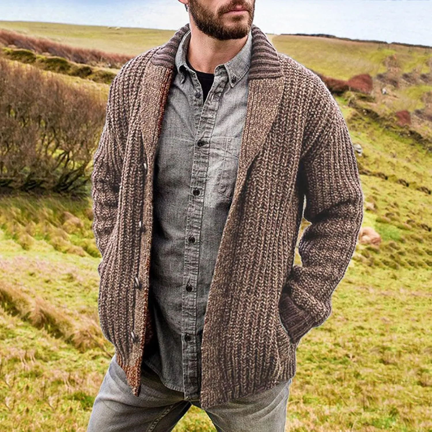 GOKKILRW Men's Shawl Collar Cardigan Sweater 2023 Fall Winter Long Sleeve Button Down Cable Knitted Sweater Jacket Outerwear