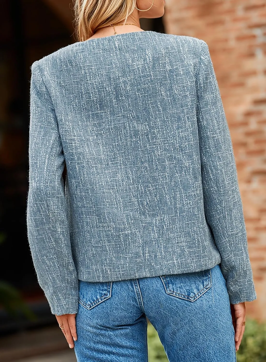 Happy Sailed Womens Cropped Tweed Blazers Casual Long Sleeve Double Breasted Open Front Blazer Jackets Work Suits