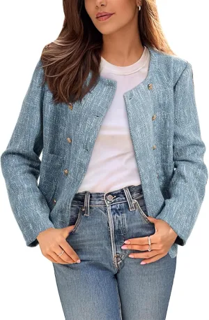 Happy Sailed Womens Cropped Tweed Blazers Casual Long Sleeve Double Breasted Open Front Blazer Jackets Work Suits