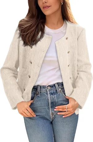Happy Sailed Womens Cropped Tweed Blazers Casual Long Sleeve Double Breasted Open Front Blazer Jackets Work Suits