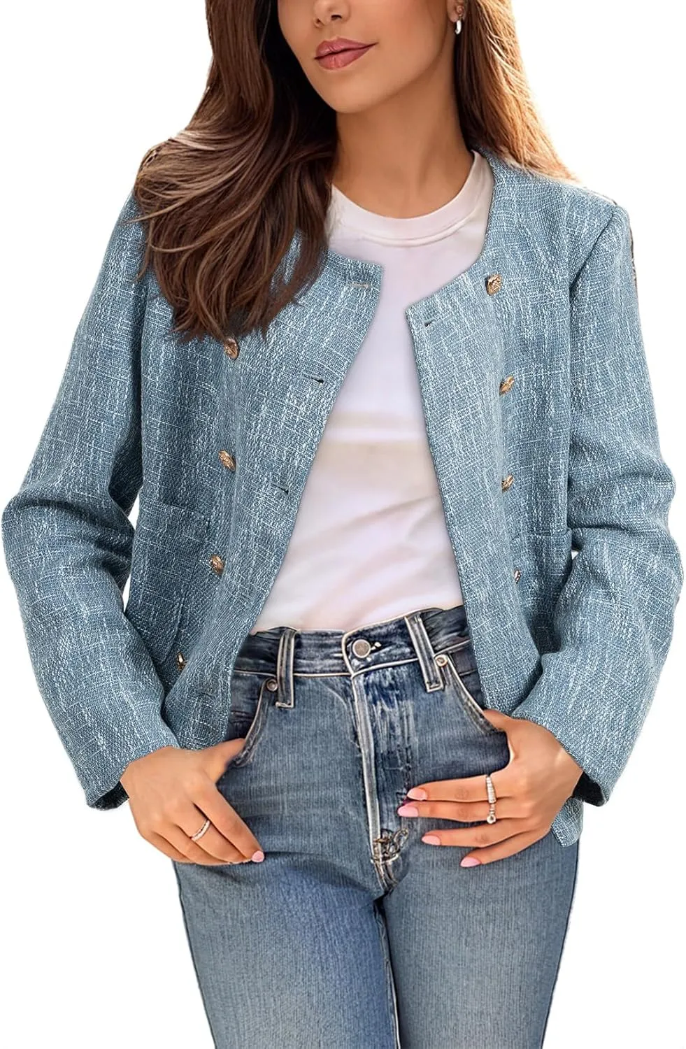 Happy Sailed Womens Cropped Tweed Blazers Casual Long Sleeve Double Breasted Open Front Blazer Jackets Work Suits
