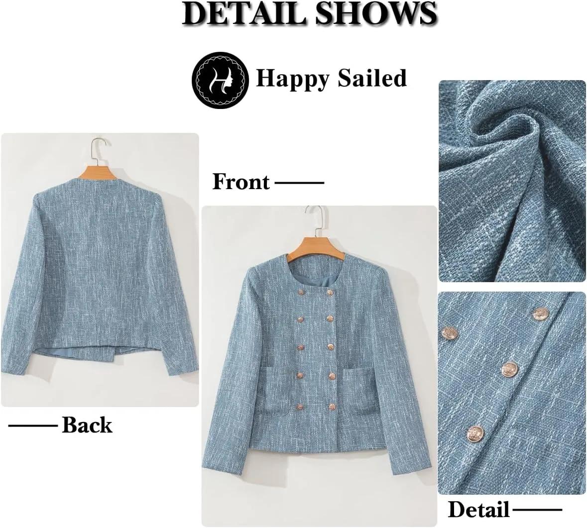 Happy Sailed Womens Cropped Tweed Blazers Casual Long Sleeve Double Breasted Open Front Blazer Jackets Work Suits
