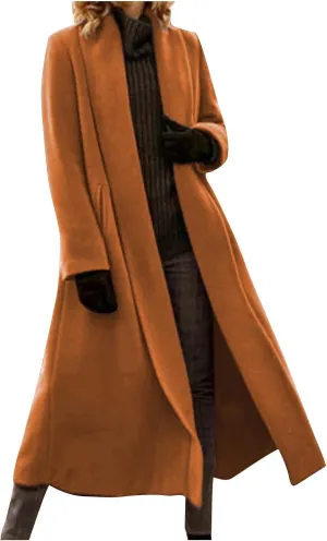 HGps8w Long Trench Coat for Women Dressy Shawl Collar Wool Blend Pea Coat Winter Oversized Outerwear Jackets with Pockets