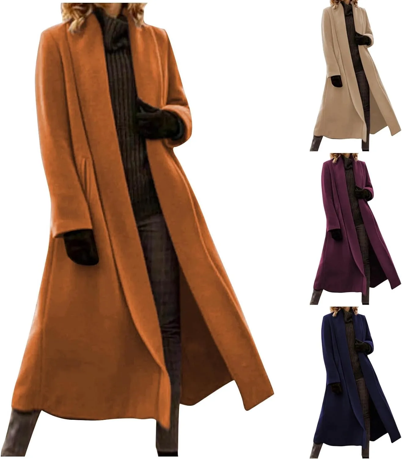 HGps8w Long Trench Coat for Women Dressy Shawl Collar Wool Blend Pea Coat Winter Oversized Outerwear Jackets with Pockets