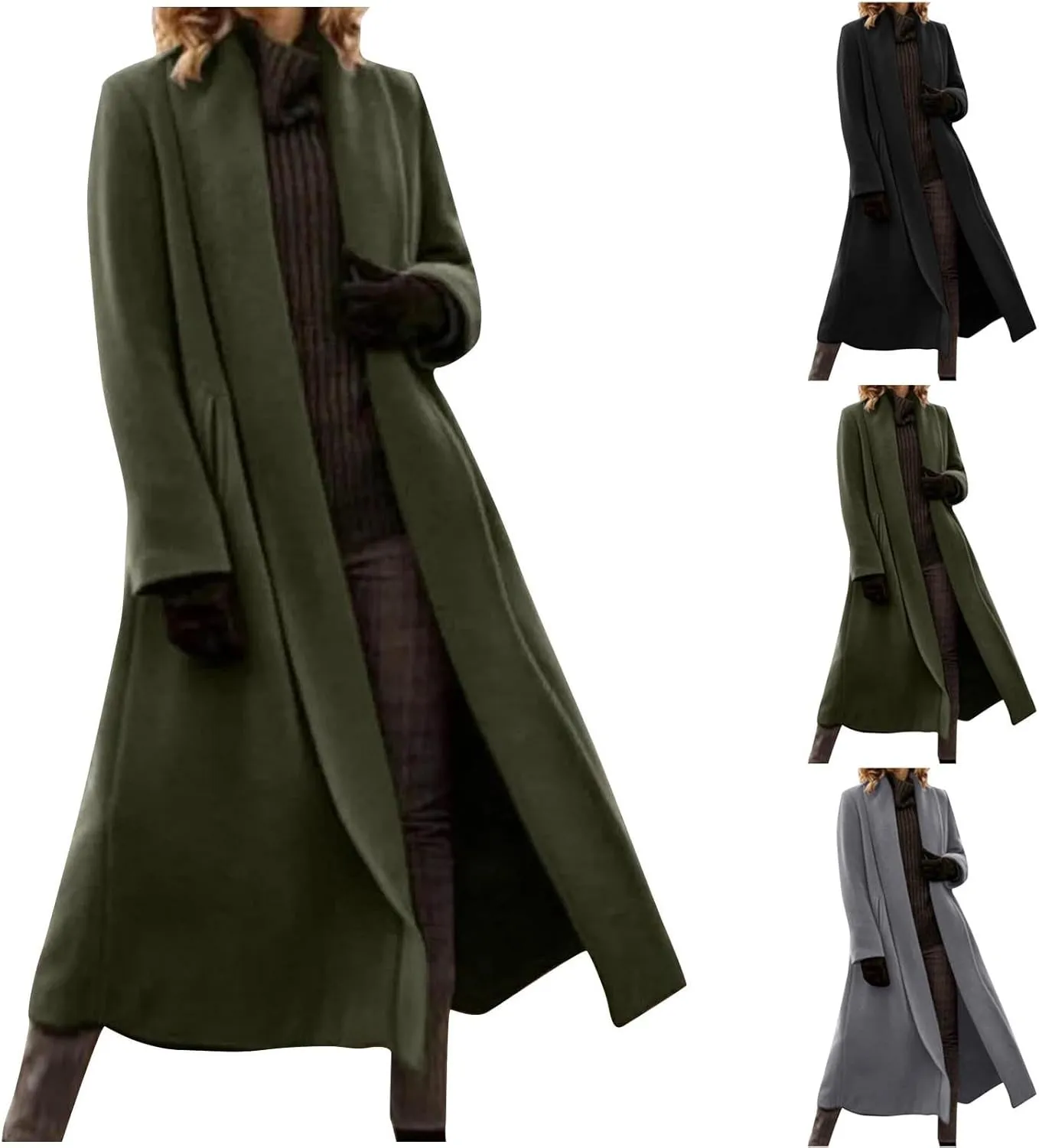 HGps8w Long Trench Coat for Women Dressy Shawl Collar Wool Blend Pea Coat Winter Oversized Outerwear Jackets with Pockets