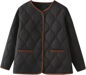 HGps8w Women's Color Block Quilted Puffer Jacket, Casual Button Up Down Coat Insulated Outerwear with Pockets