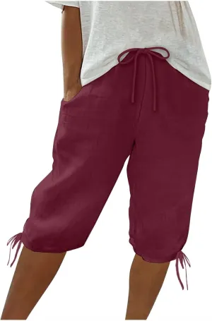 hlysgo Bermuda Shorts for Women High Waisted Drawstring Cotton Linen Casual Shorts Summer Knee Length Shorts with Pockets