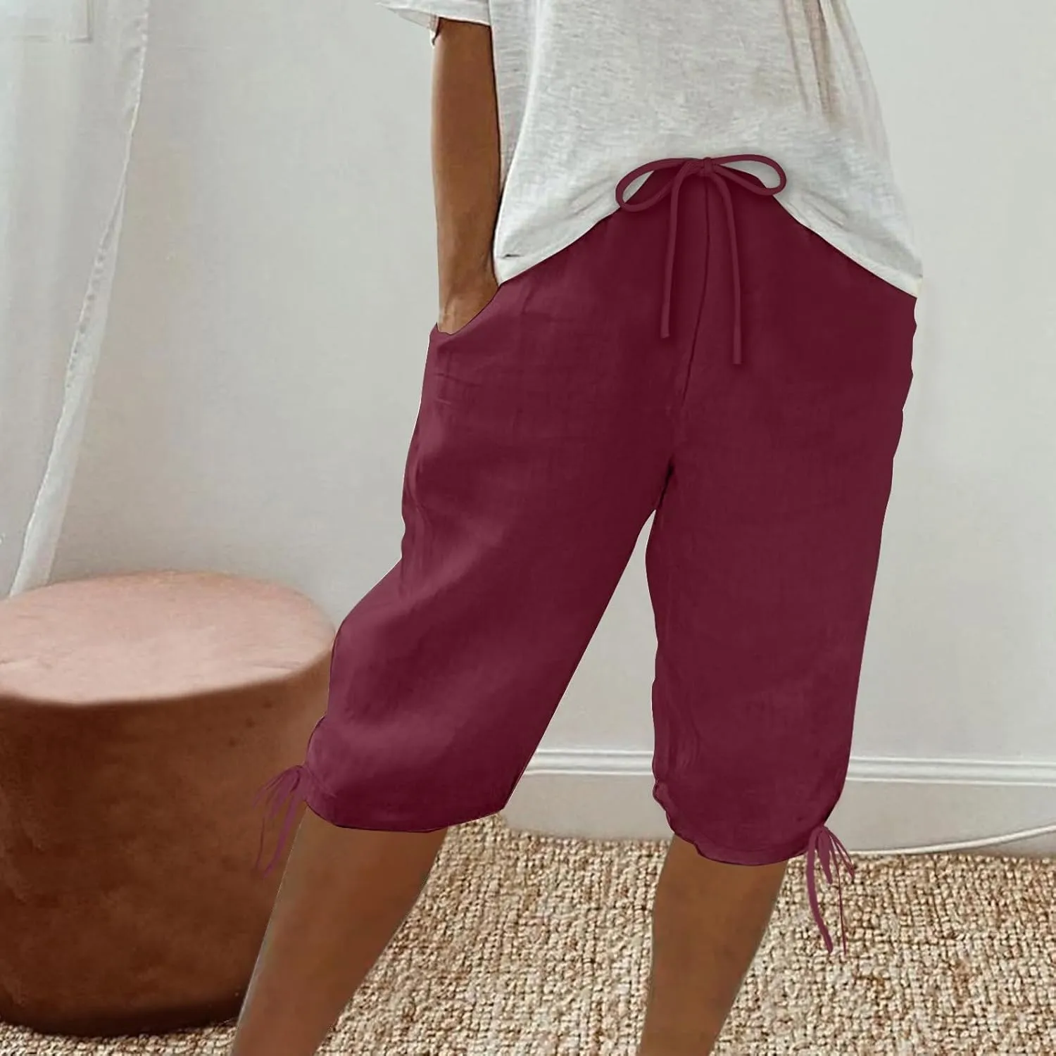 hlysgo Bermuda Shorts for Women High Waisted Drawstring Cotton Linen Casual Shorts Summer Knee Length Shorts with Pockets