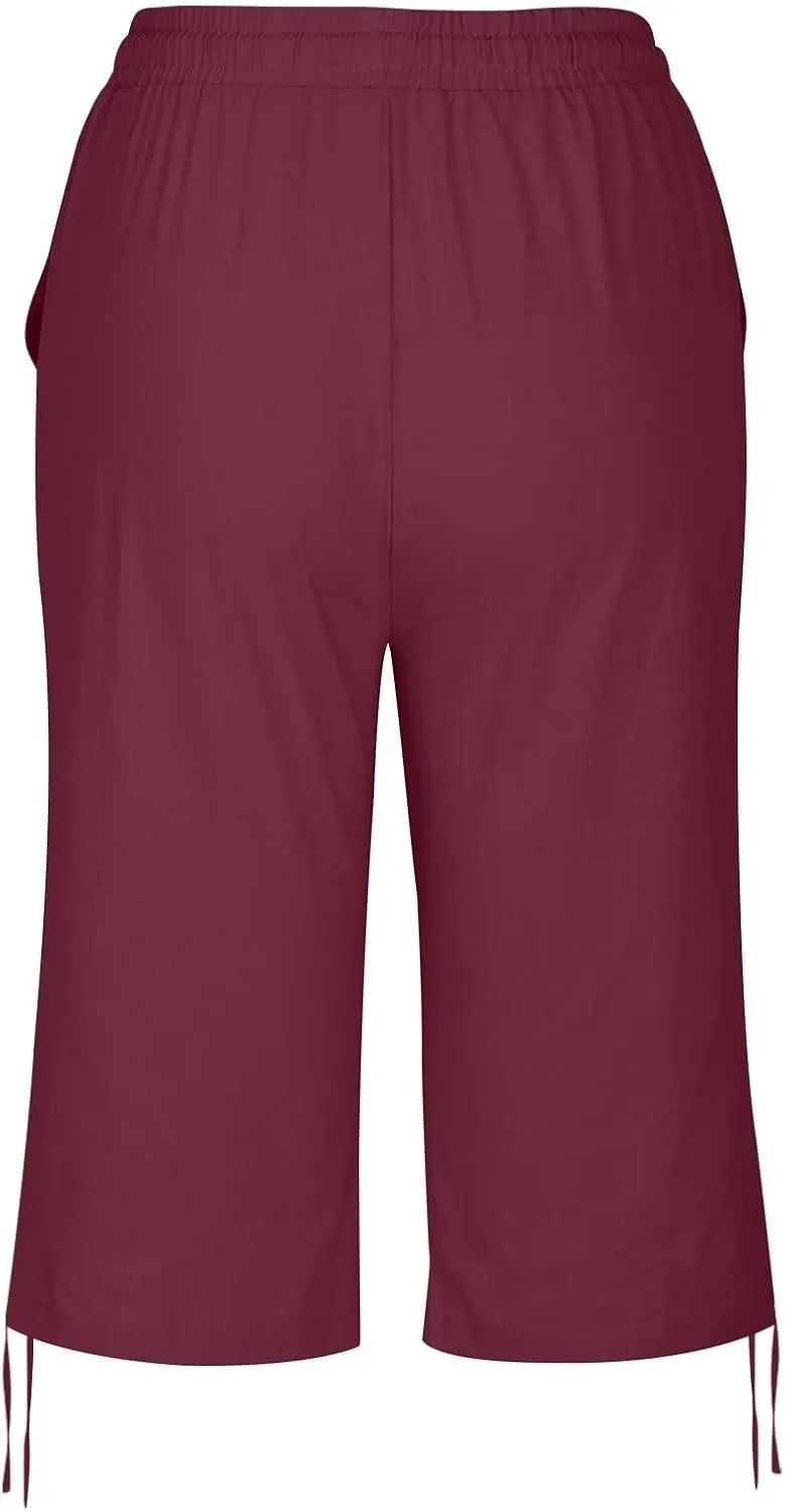 hlysgo Bermuda Shorts for Women High Waisted Drawstring Cotton Linen Casual Shorts Summer Knee Length Shorts with Pockets