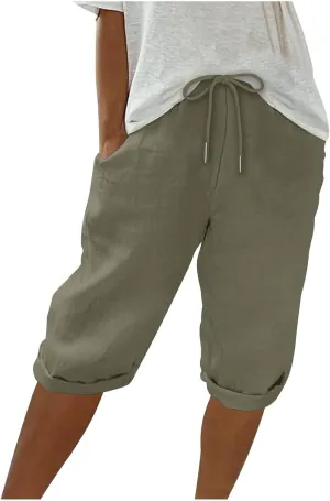 hlysgo Linen Shorts for Women Knee Length Bermuda Shorts 2025 Summer High Waist Drawstring Casual Beach Shorts with Pockets