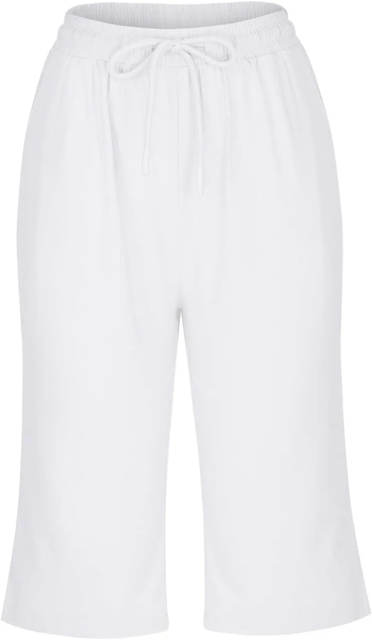 hlysgo Linen Shorts for Women Knee Length Bermuda Shorts 2025 Summer High Waist Drawstring Casual Beach Shorts with Pockets