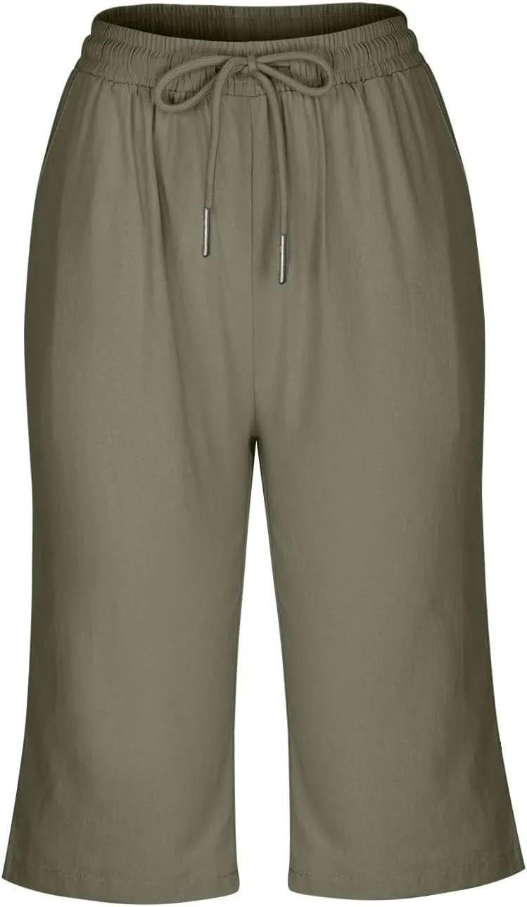hlysgo Linen Shorts for Women Knee Length Bermuda Shorts 2025 Summer High Waist Drawstring Casual Beach Shorts with Pockets