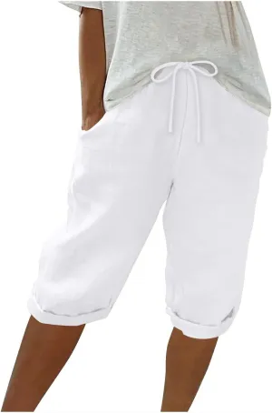 hlysgo Linen Shorts for Women Knee Length Bermuda Shorts 2025 Summer High Waist Drawstring Casual Beach Shorts with Pockets