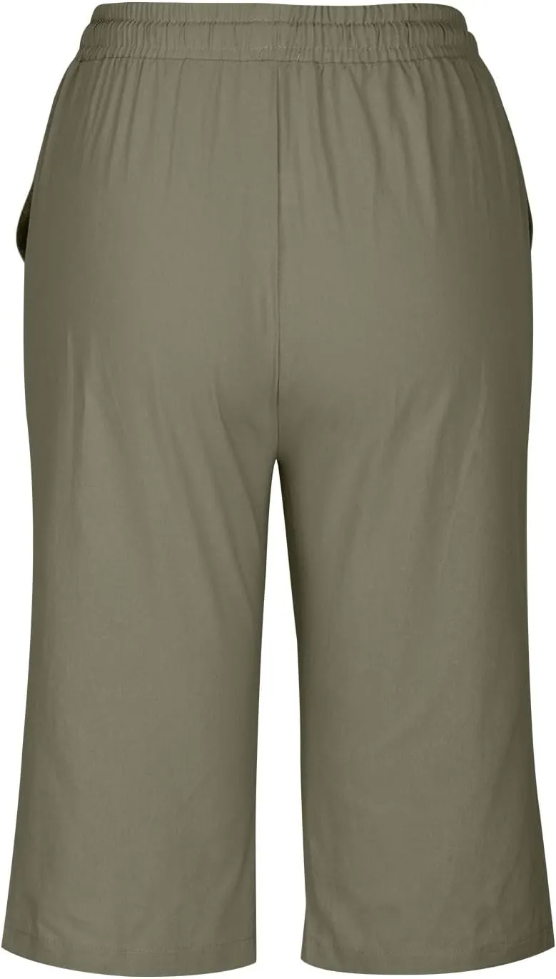 hlysgo Linen Shorts for Women Knee Length Bermuda Shorts 2025 Summer High Waist Drawstring Casual Beach Shorts with Pockets
