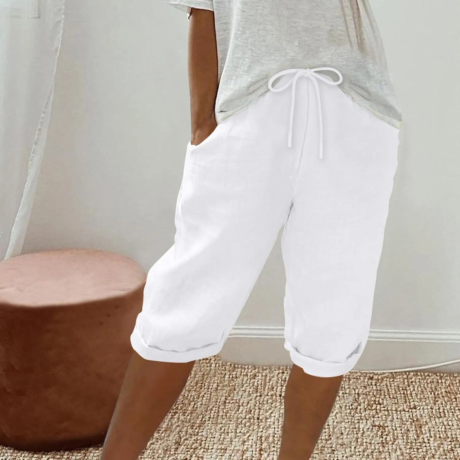 hlysgo Linen Shorts for Women Knee Length Bermuda Shorts 2025 Summer High Waist Drawstring Casual Beach Shorts with Pockets