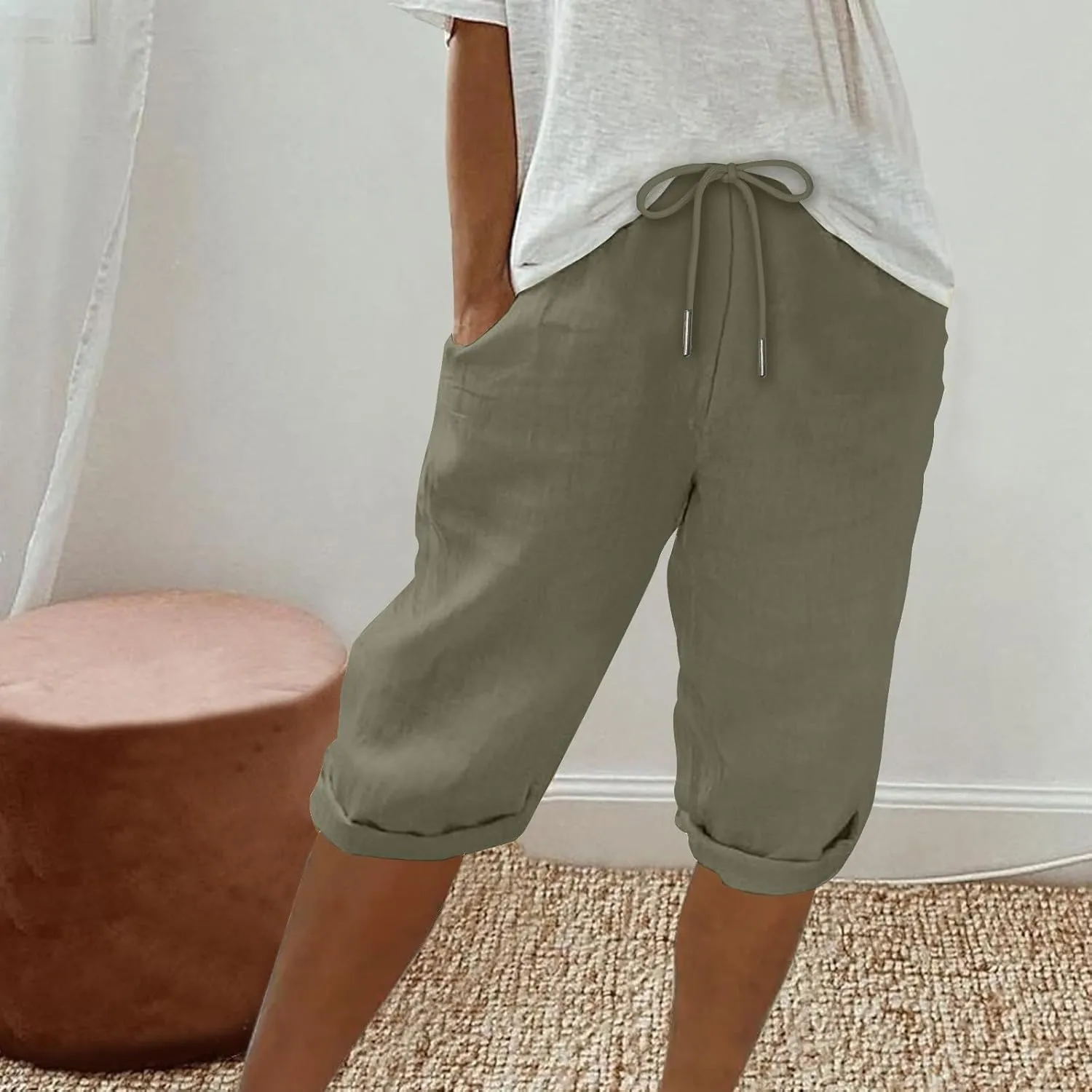 hlysgo Linen Shorts for Women Knee Length Bermuda Shorts 2025 Summer High Waist Drawstring Casual Beach Shorts with Pockets