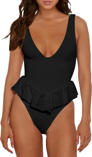 HYPERFIRE Women's Cheeky One Piece Swimsuit Deep V Neck Tummy Control High Cut Bathing Suit