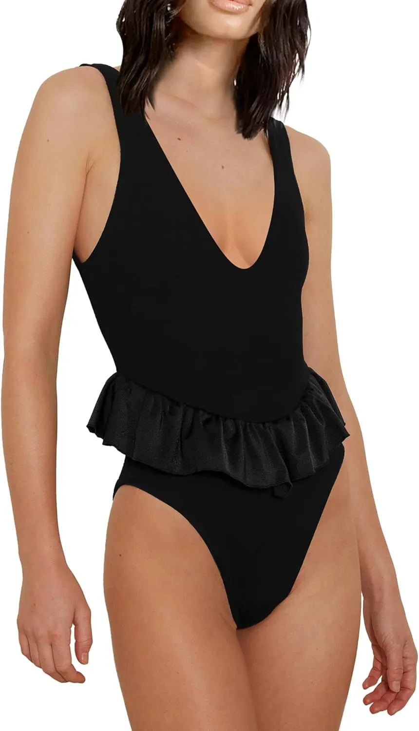 HYPERFIRE Women's Cheeky One Piece Swimsuit Deep V Neck Tummy Control High Cut Bathing Suit