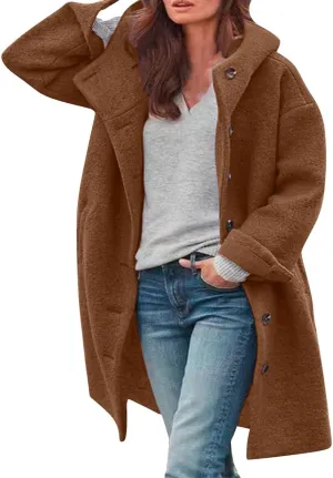 Jackets for Women Casual Loose Fit Button Coats Button Up Long Sleeve Outerwear Hooded Overcoat with Pocket