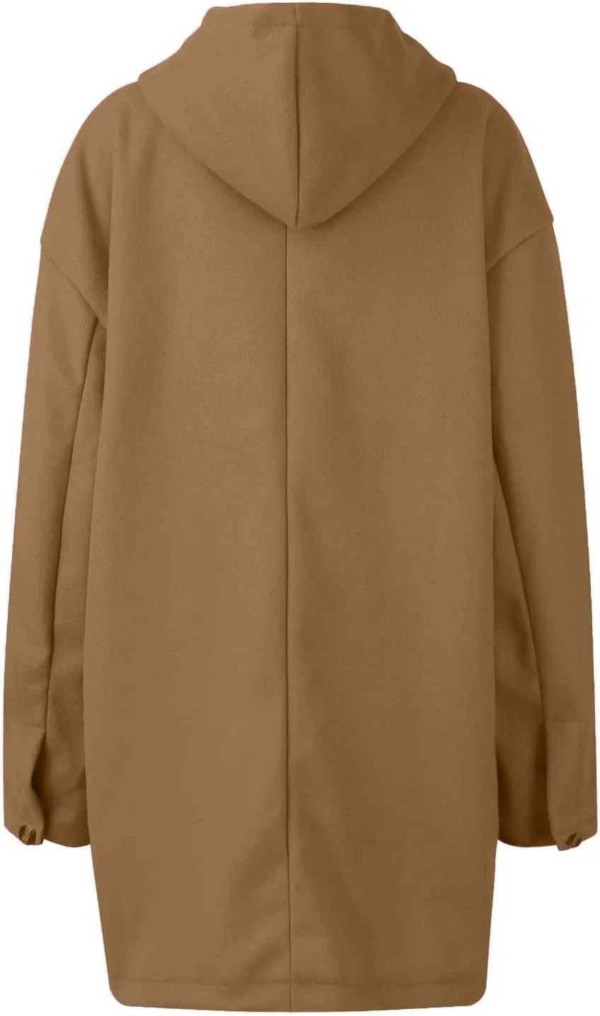 Jackets for Women Casual Loose Fit Button Coats Button Up Long Sleeve Outerwear Hooded Overcoat with Pocket
