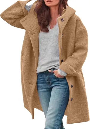 Jackets for Women Casual Loose Fit Button Coats Button Up Long Sleeve Outerwear Hooded Overcoat with Pocket