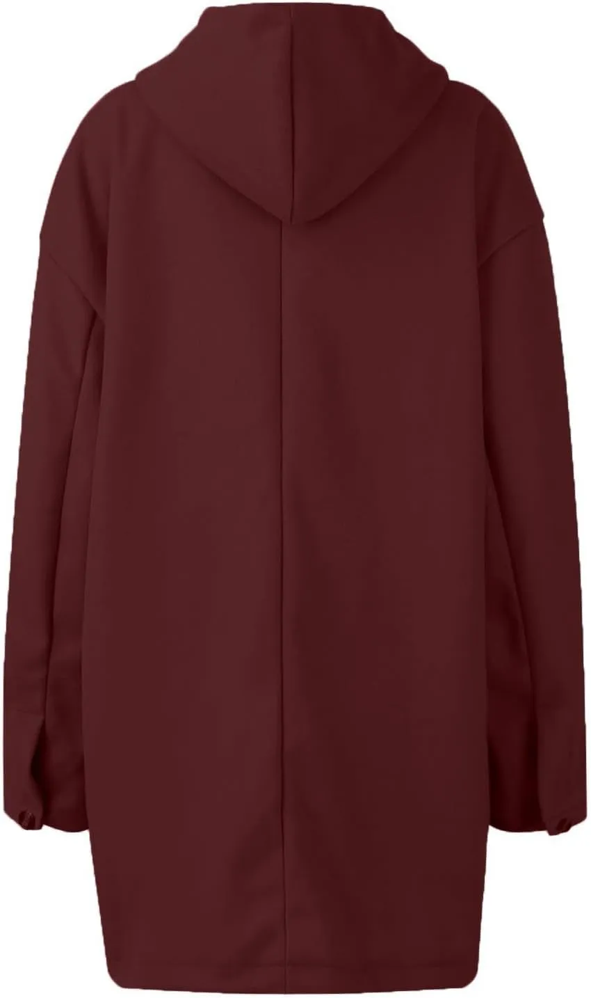 Jackets for Women Casual Loose Fit Button Coats Button Up Long Sleeve Outerwear Hooded Overcoat with Pocket