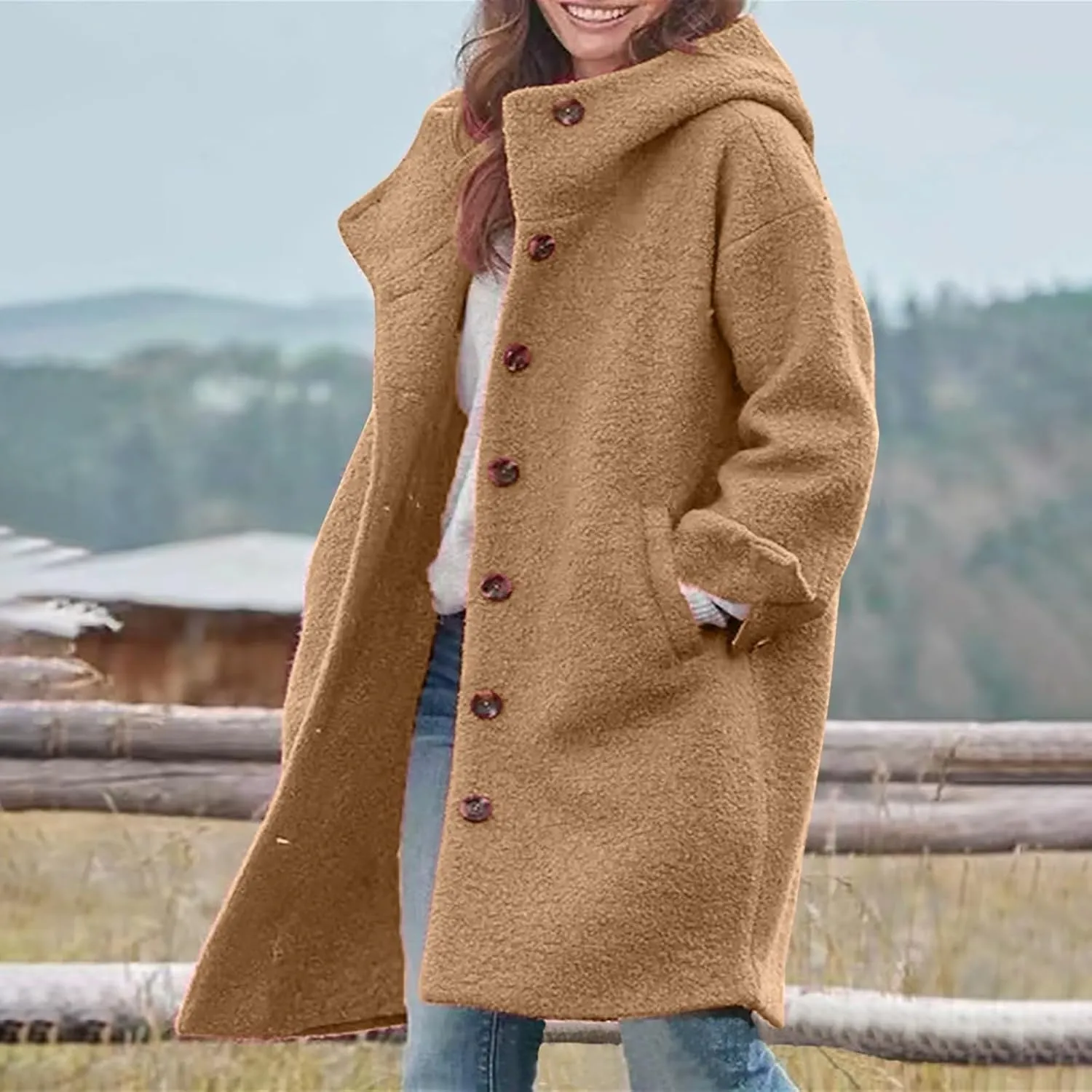 Jackets for Women Casual Loose Fit Button Coats Button Up Long Sleeve Outerwear Hooded Overcoat with Pocket