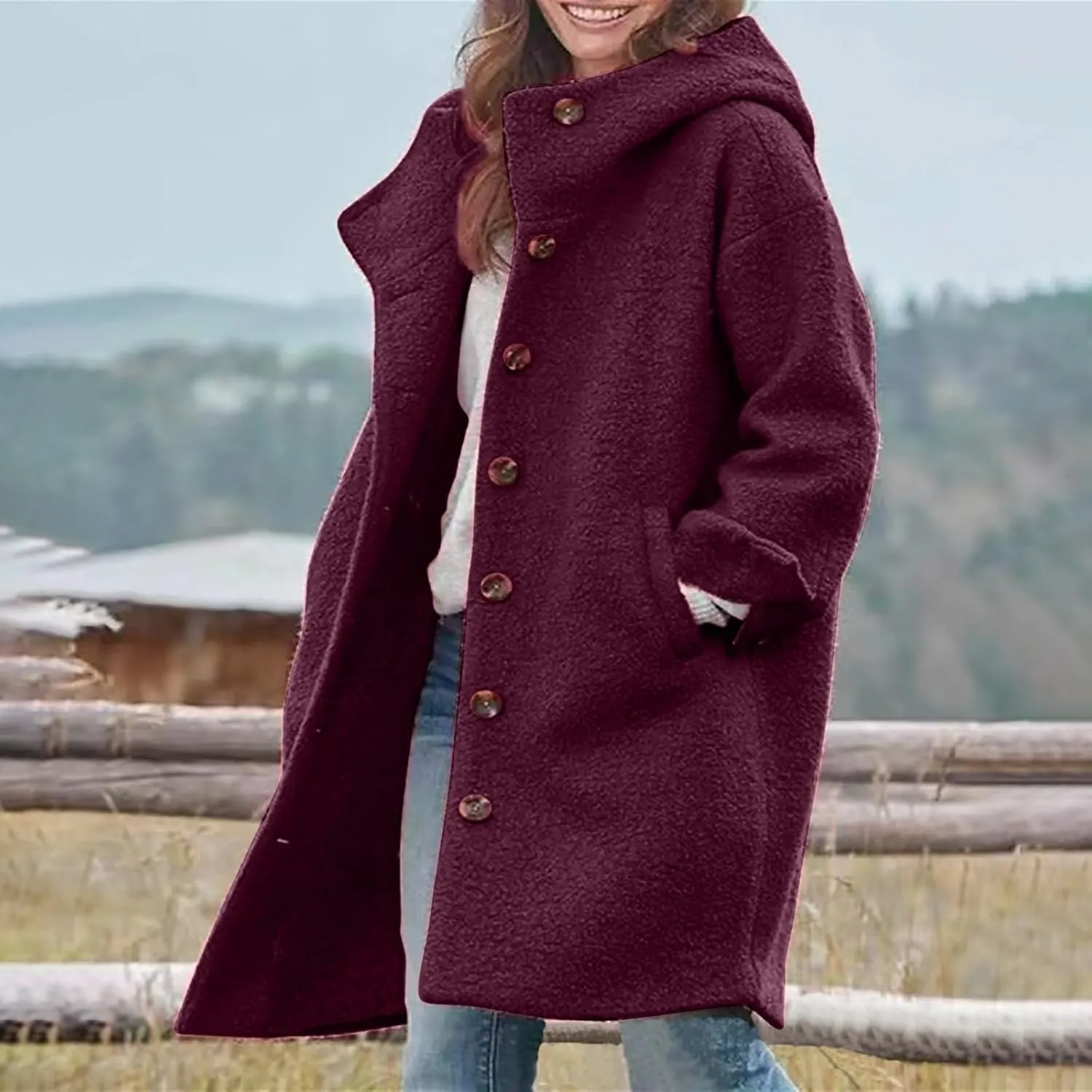 Jackets for Women Casual Loose Fit Button Coats Button Up Long Sleeve Outerwear Hooded Overcoat with Pocket