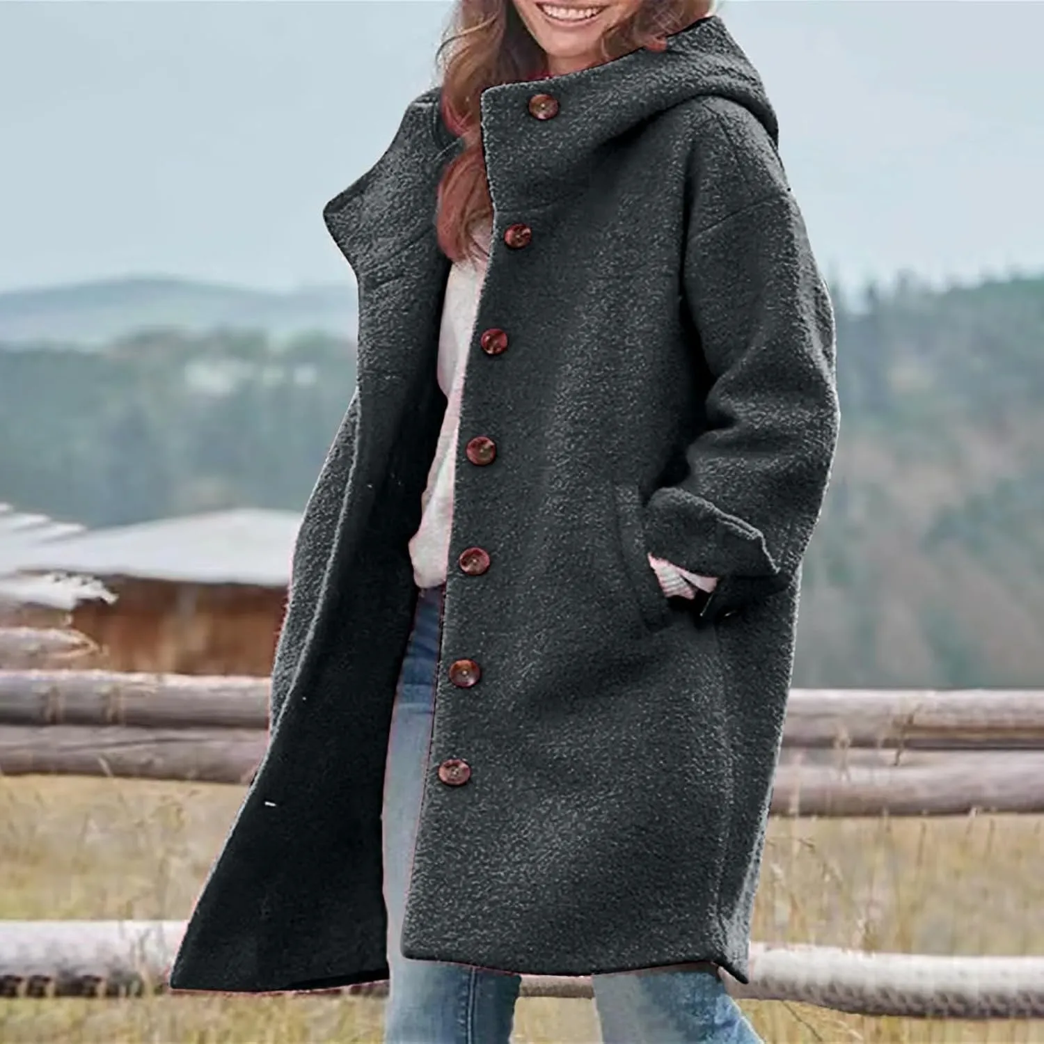 Jackets for Women Casual Loose Fit Button Coats Button Up Long Sleeve Outerwear Hooded Overcoat with Pocket