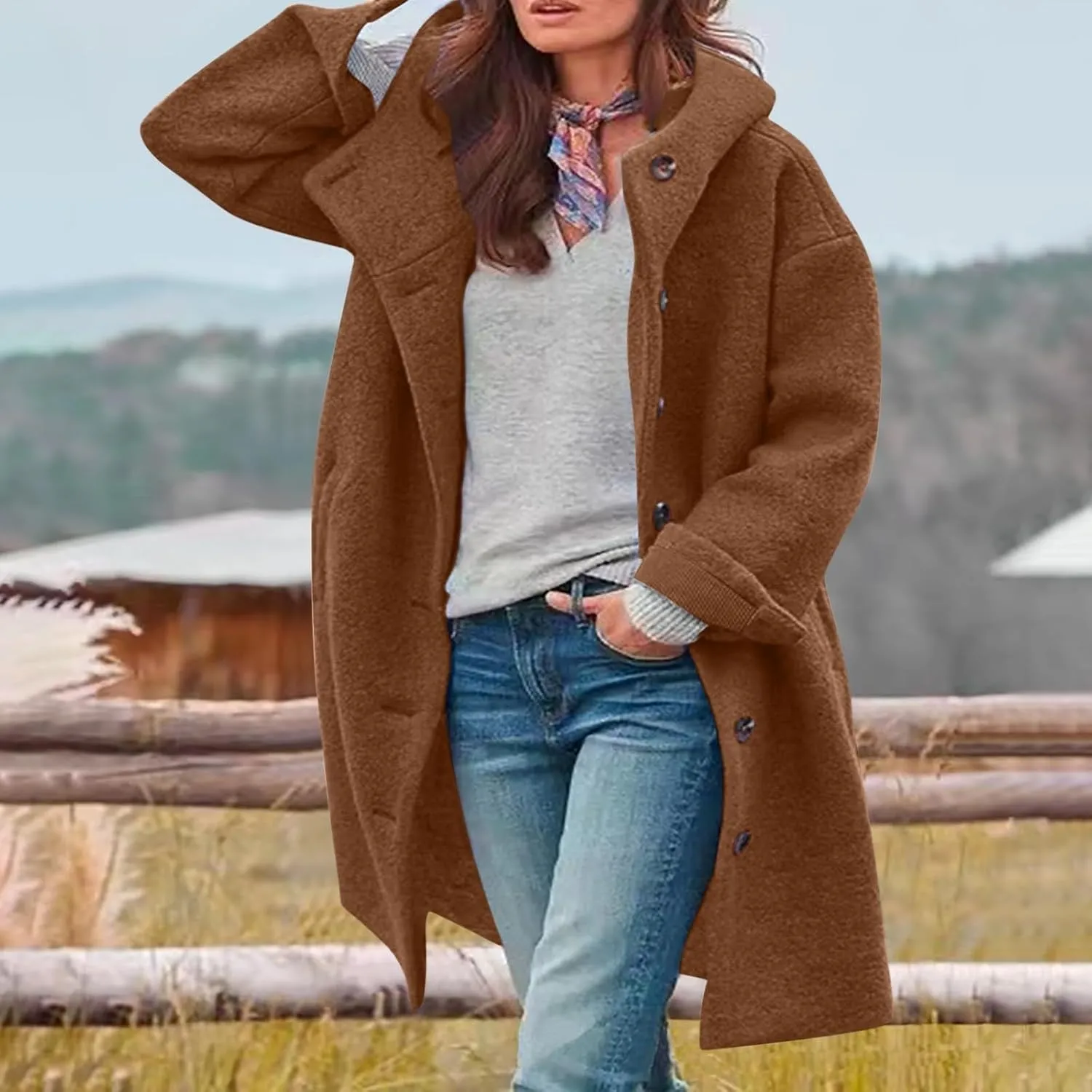Jackets for Women Casual Loose Fit Button Coats Button Up Long Sleeve Outerwear Hooded Overcoat with Pocket