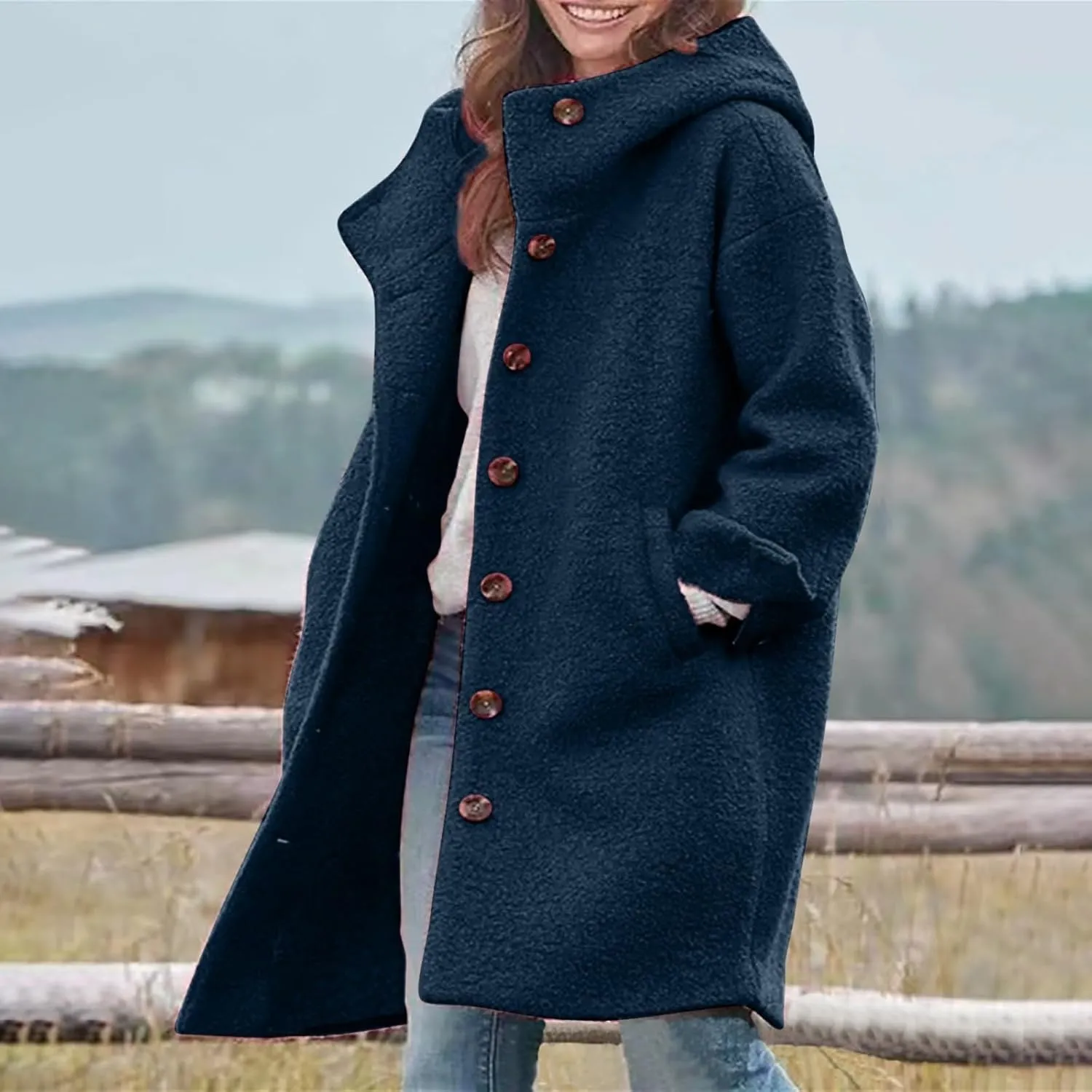 Jackets for Women Casual Loose Fit Button Coats Button Up Long Sleeve Outerwear Hooded Overcoat with Pocket
