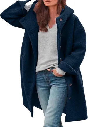 Jackets for Women Casual Loose Fit Button Coats Button Up Long Sleeve Outerwear Hooded Overcoat with Pocket