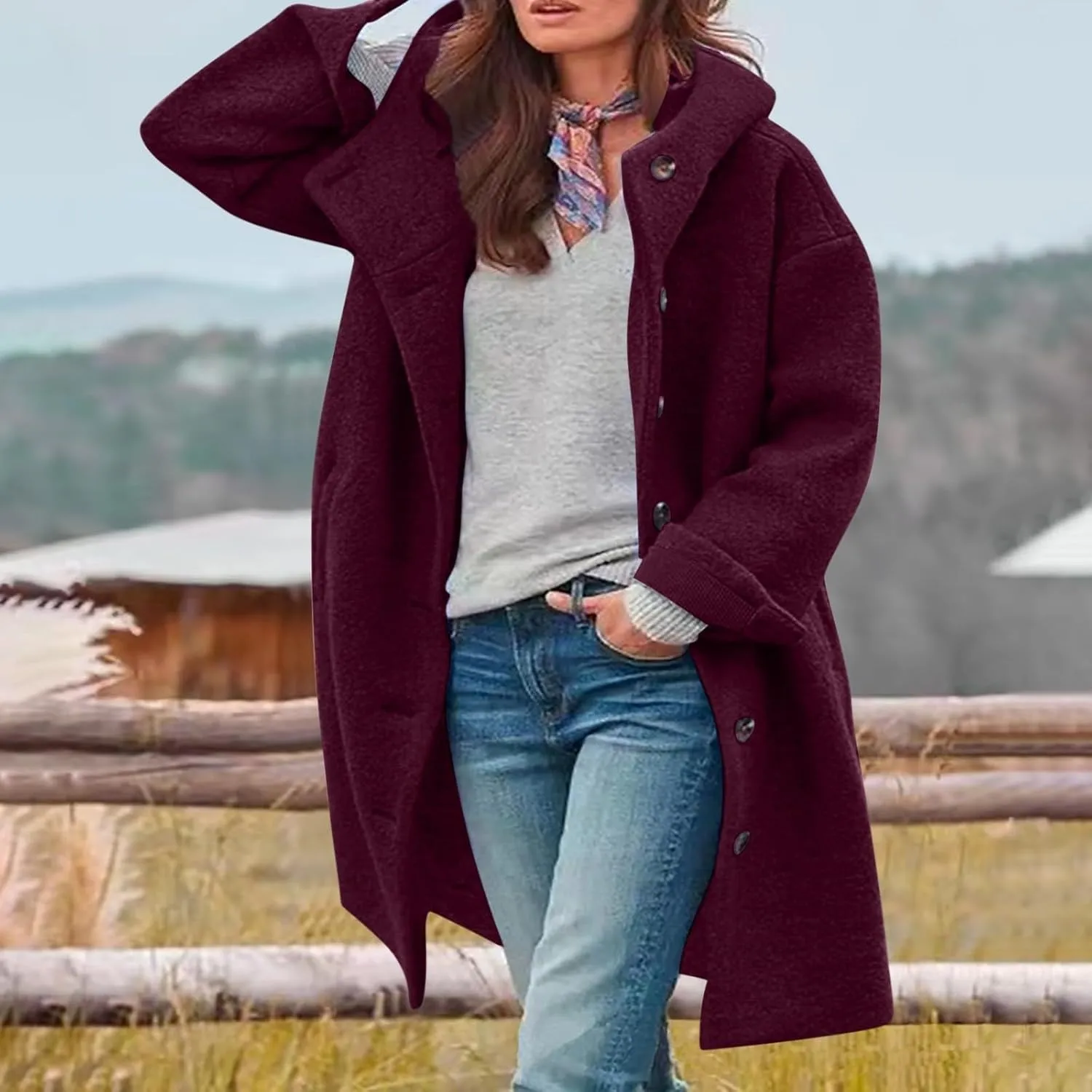 Jackets for Women Casual Loose Fit Button Coats Button Up Long Sleeve Outerwear Hooded Overcoat with Pocket