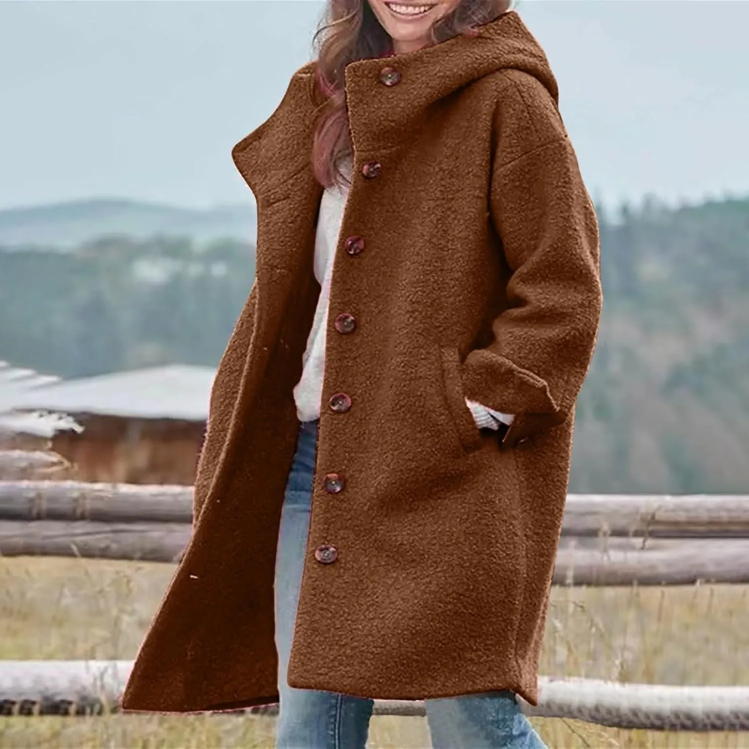 Jackets for Women Casual Loose Fit Button Coats Button Up Long Sleeve Outerwear Hooded Overcoat with Pocket