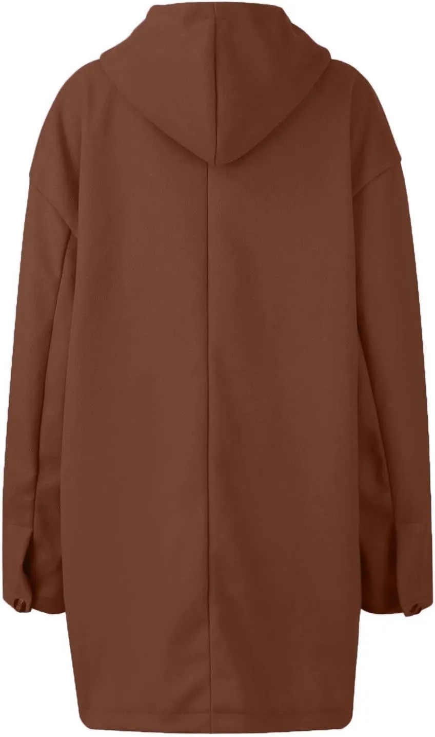Jackets for Women Casual Loose Fit Button Coats Button Up Long Sleeve Outerwear Hooded Overcoat with Pocket