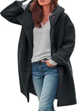 Jackets for Women Casual Loose Fit Button Coats Button Up Long Sleeve Outerwear Hooded Overcoat with Pocket